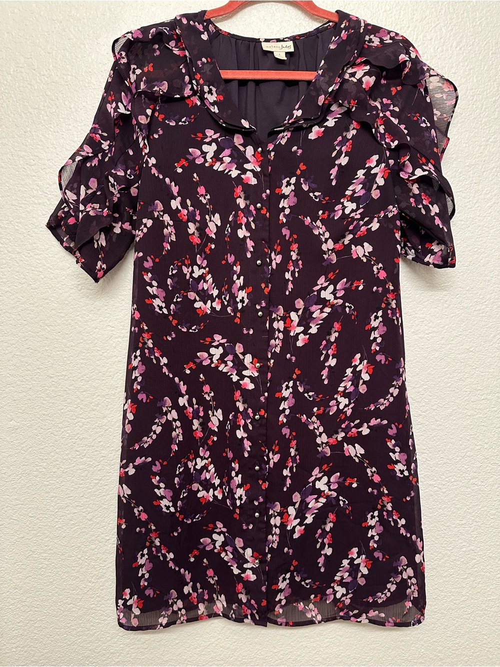 Maison Jules Plum Floral Ruffle Sleeve Midi Dress